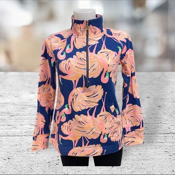 LILLY PULITZER Skipper Popover GIMME SOME LEG Flamingo Resort Navy‎ size XS - Picture 1 of 10